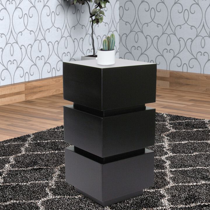 Wooden Pedestal Stand in Stacked Cube Design, Antique Black - Benzara
