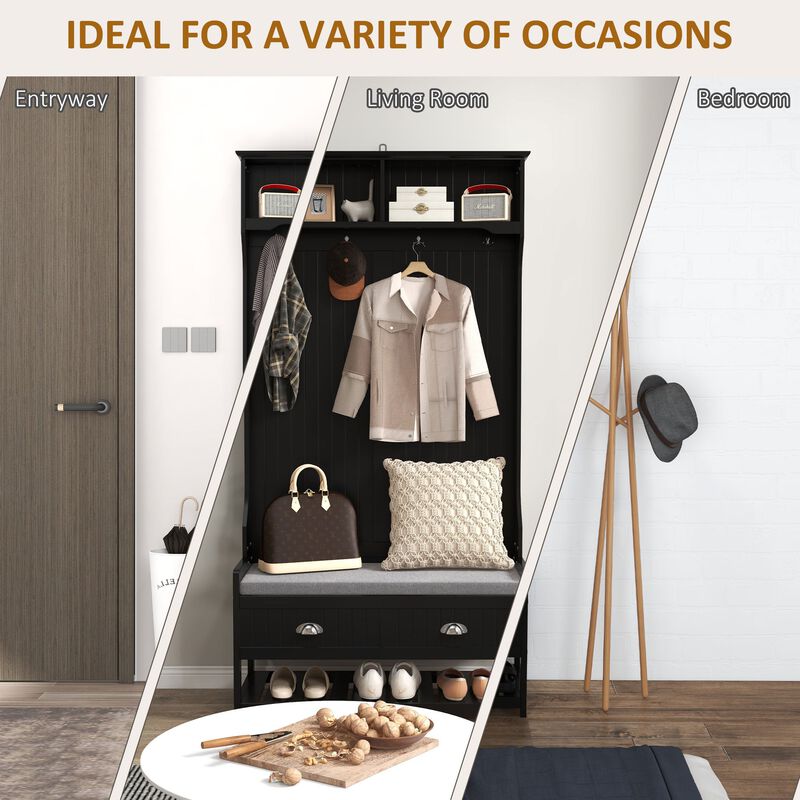 Black Hall Tree Organizer: Coat Rack, Bench, 4 Hooks, 2 Drawers