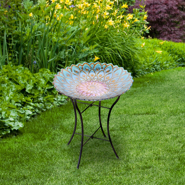 Teamson Home - Outdoor 18 Inch Handpainted Mosaic Flower Fusion Glass Bird Bath w/ Stand