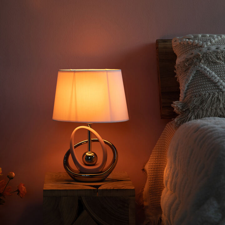 Table Lamps, Decorative Ceramic Table Lamp, with Beige, Brown, and White Stones and Beige Linen Lampshade, 14 inches tall, Unique Lamp for Living Room or Bedroom, Set of 2