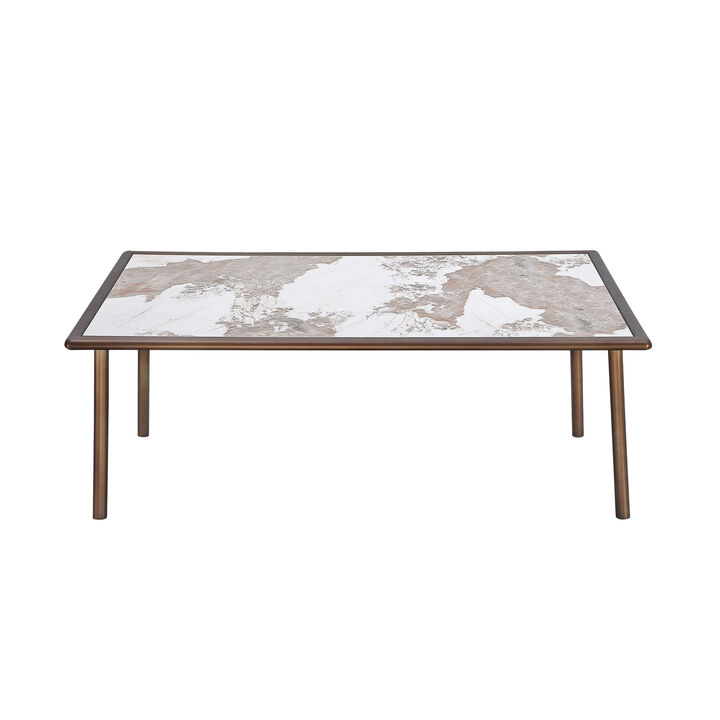 Zame 79 Inch Dining Table, Rectangular White Stone Top, Steel Legs, Bronze - Benzara