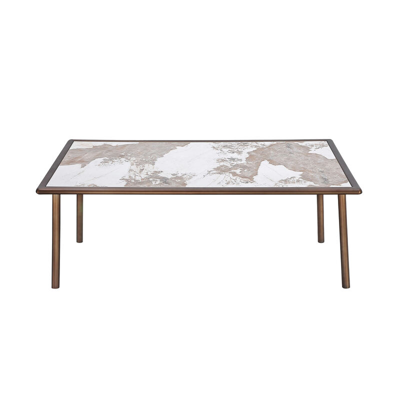 Zame 79 Inch Dining Table, Rectangular White Stone Top, Steel Legs, Bronze - Benzara