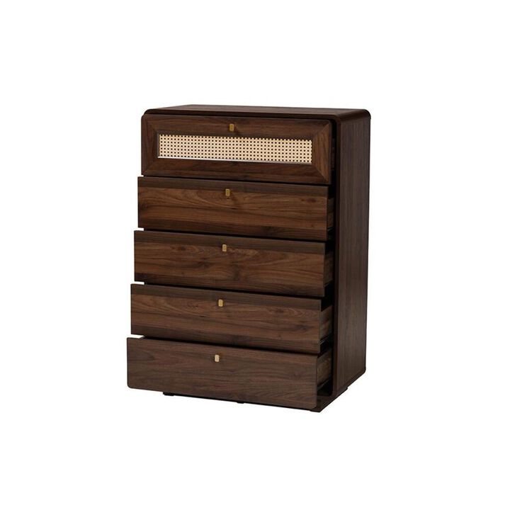 Baxton Studio Jenibelle Classic Walnut Brown Wood 5-Drawer Chest with Rattan Drawer