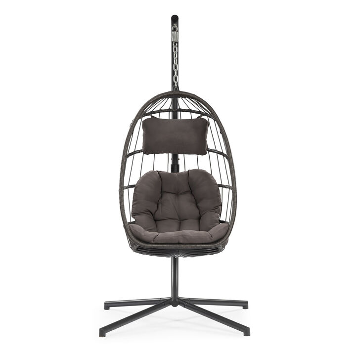 Outdoor Patio Wicker Hanging Chair Swing Chair Patio Egg Chair UV Resistant Dark Cushion