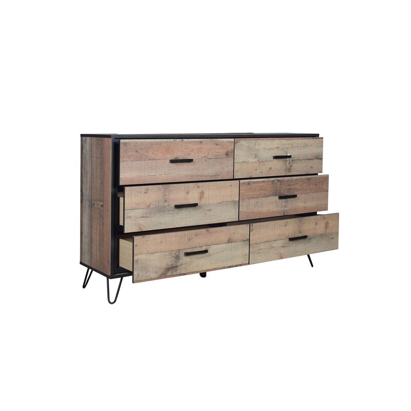 Benjara Lala 58 Inch Dresser, 6 Drawers, Handles, Rustic Wood Finish, Brown, Black