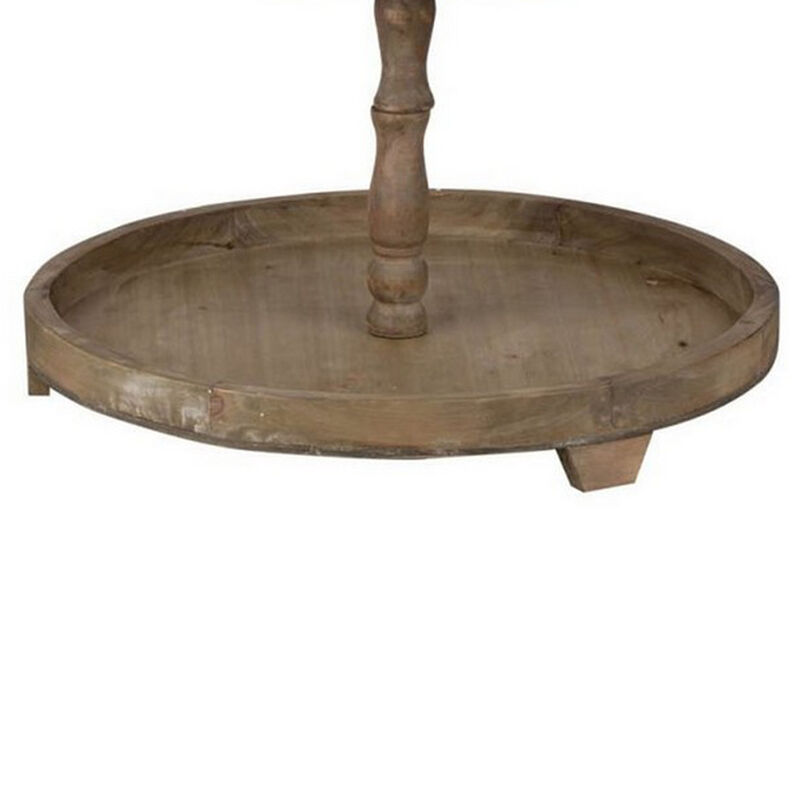 Zia 30 Inch 3 Tier Serving Tray, Flat Round Plates, Brown Fir Wood Finish - Benzara