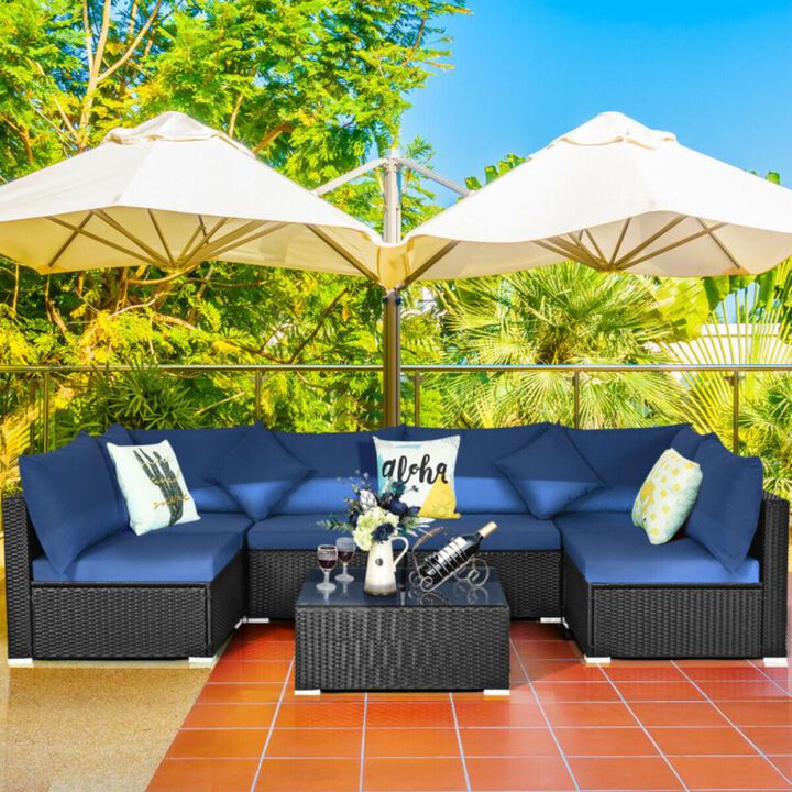 Hivvago 7 Pieces Sectional Wicker Furniture Sofa Set with Tempered Glass Top Coffee Table