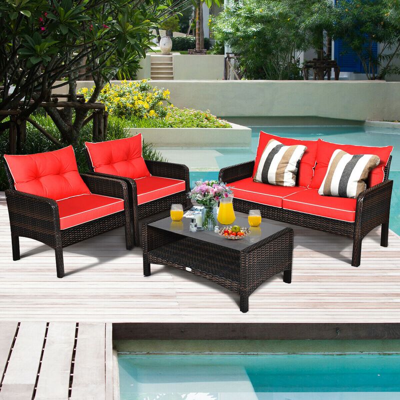 4 Pieces Outdoor Rattan Wicker Loveseat Furniture Set with Cushions