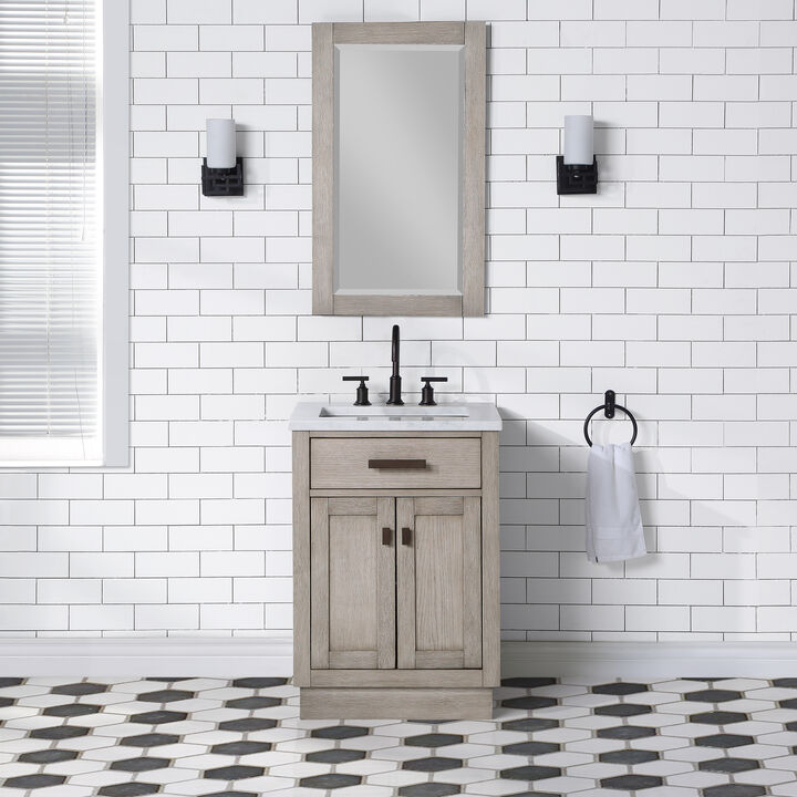 Chestnut 24 In. Single Sink Carrara White Marble Countertop Bath Vanity In Grey Oak with Oil Rubbed Bronze Hardware