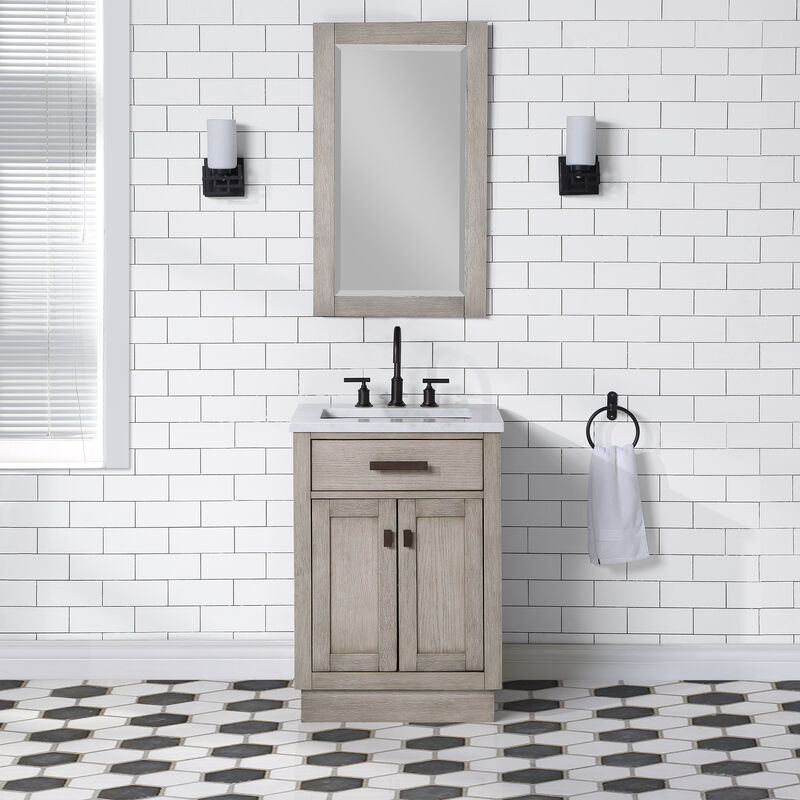 Chestnut 24 In. Single Sink Carrara White Marble Countertop Bath Vanity In Grey Oak with Oil Rubbed Bronze Hardware