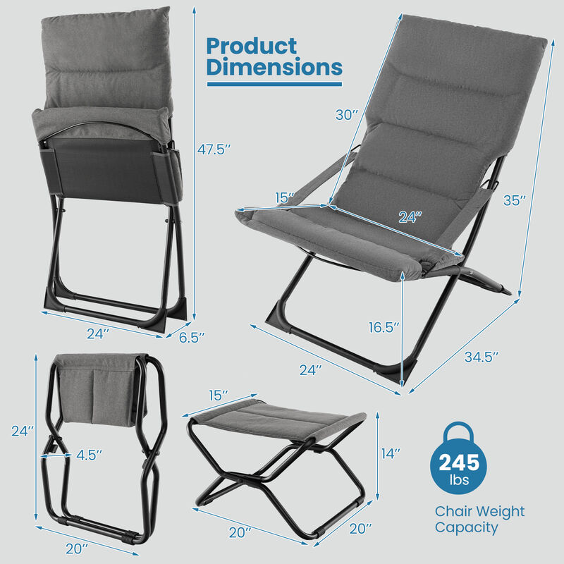Patio Folding Sling Chair with Ottoman Footrest and Removable Cushion-Grey