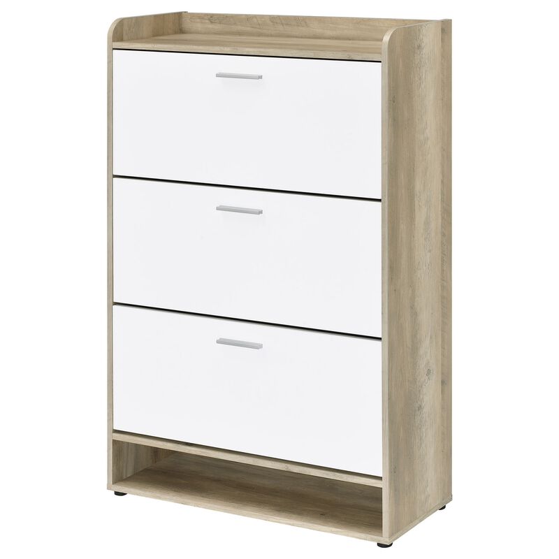 Danny Shoe Storage Cabinet, 3 Tiered, Bottom Shelf, Antiqued White Pine - Benzara