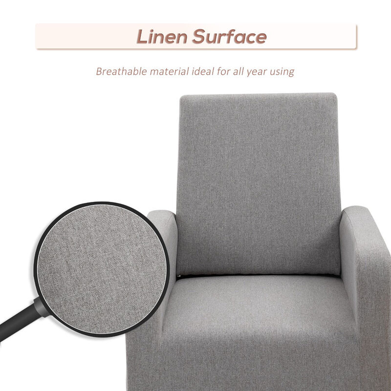 Gray Linen Lounger: Accent Rocking Chair with Solid Wood Base