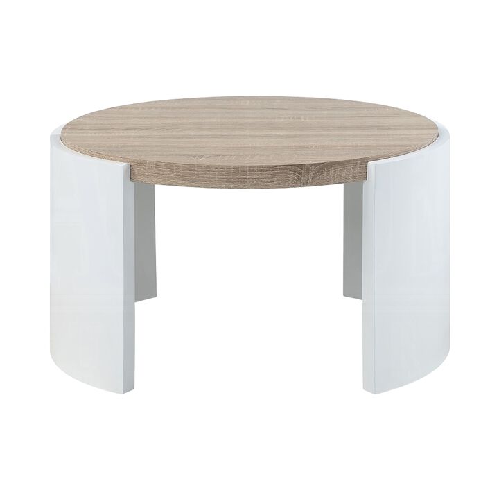 Romani Coffee Table, White High Gloss Wood, Brown Top, Round 33 Inch - Benzara