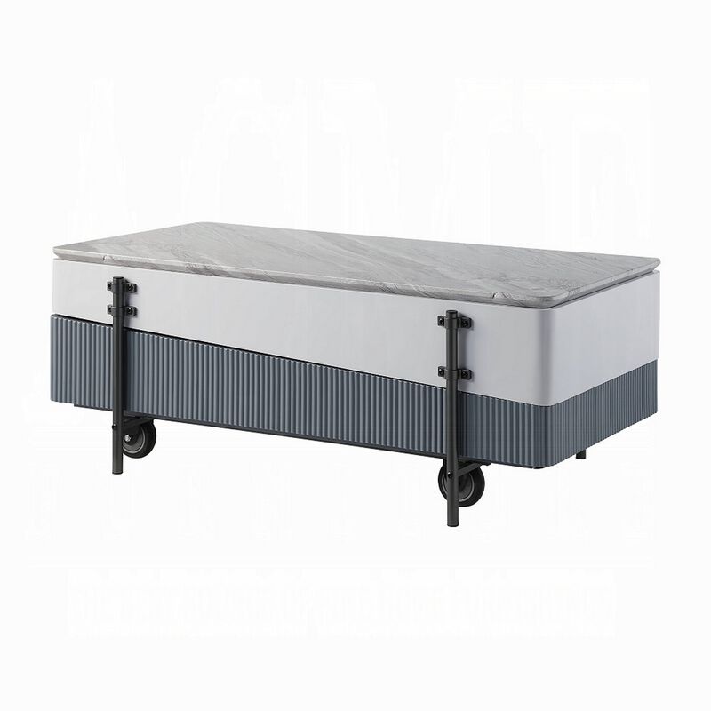 Mindy Coffee Table with Lift Top, 3 Compartments, White Gray 47 Inch - Benzara