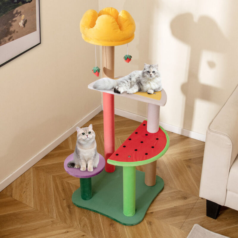Multi-Level Cat Tree with Plush Padded Top Perch and Fruit-Shaped Platforms