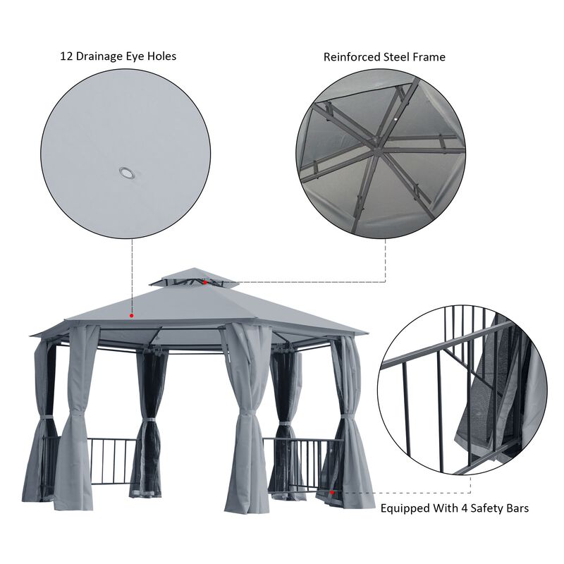 Gray Patio Canopy: 13'x13' Hexagon Gazebo with Double Tier Curtains