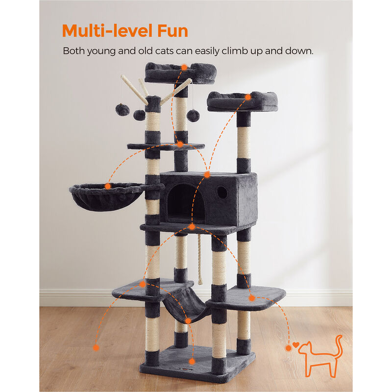 Large Cat Tree - 64.6-Inch Cat Tower with Hammock and Activity Center