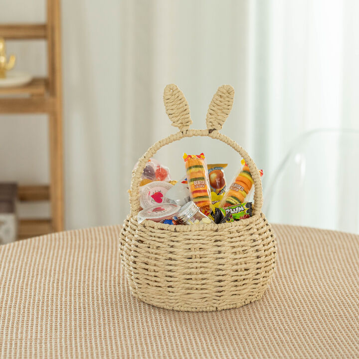 Wickerwise Hand-Woven Easter Bunny Ear Basket with Handle – Multi-Purpose Paper Rope Wicker Basket for Easter Egg Hunts, Picnics, Flower Arrangements, Food Storage, Party, and Home Decor, Nude