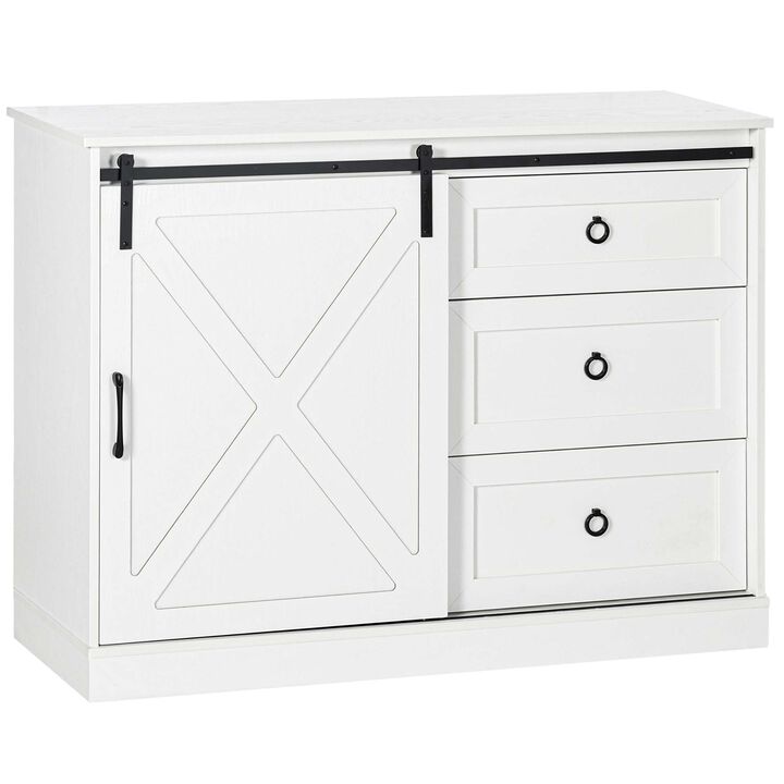 HOMCOM Farmhouse Sideboard Buffet Cabinet, Kitchen Cabinet Coffee Bar Cabinet with Sliding Barn Door and 3 Storage Drawers for Living Room, White