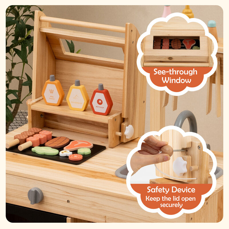 Wooden Barbecue Grill Playset with Chalkboard and Sink and Cabinet