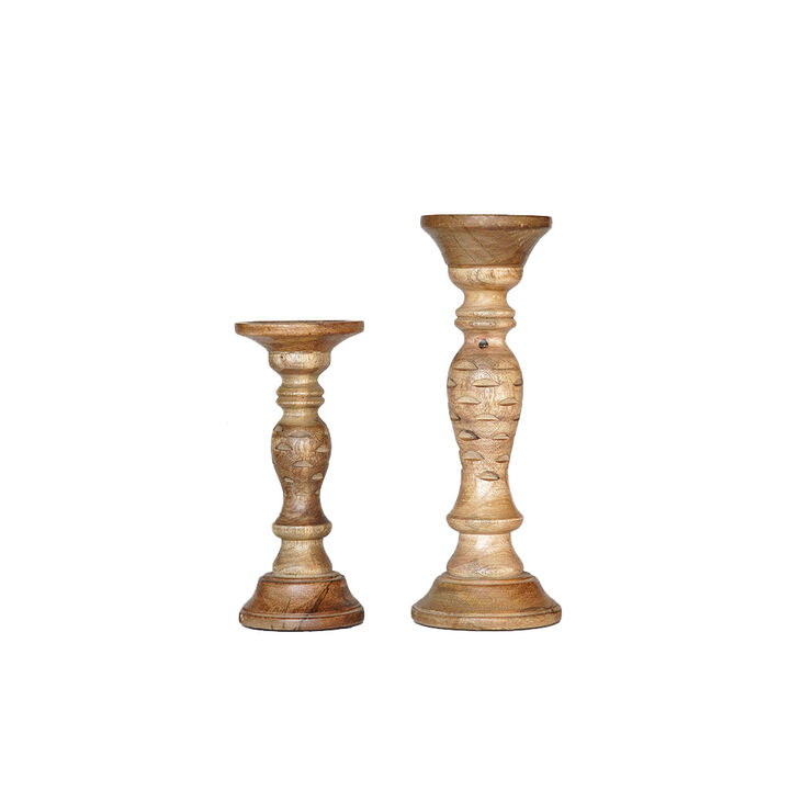 Traditional Wallnut Eco-friendly Handmade Mango Wood Set Of Two 9" & 12" Pillar Candle Holder