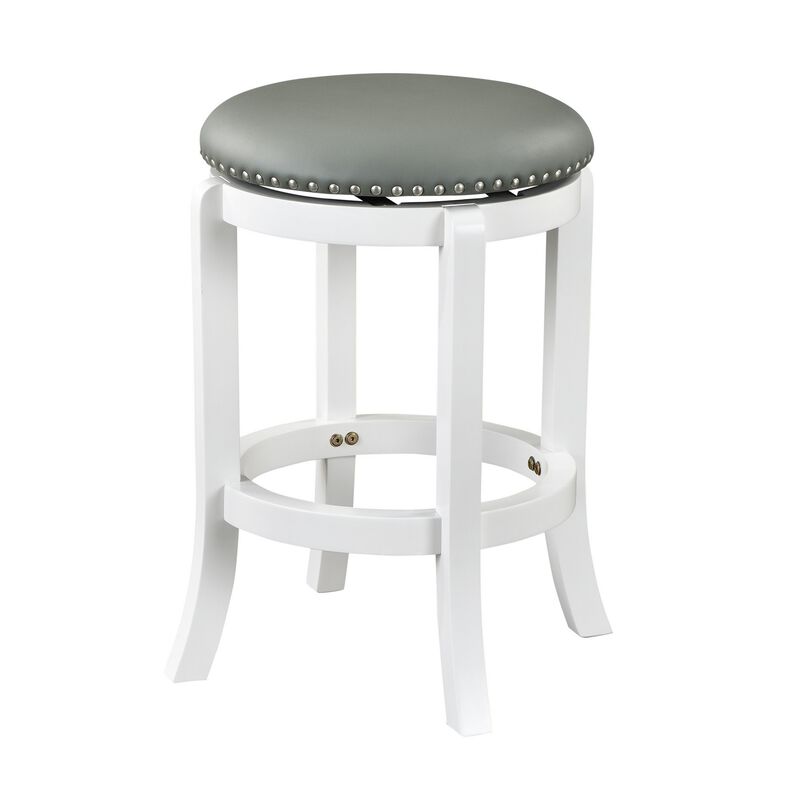 Ovi 25 Inch Backless Swivel Counter Stool, Gray Faux Leather, Nailhead Trim - Benzara