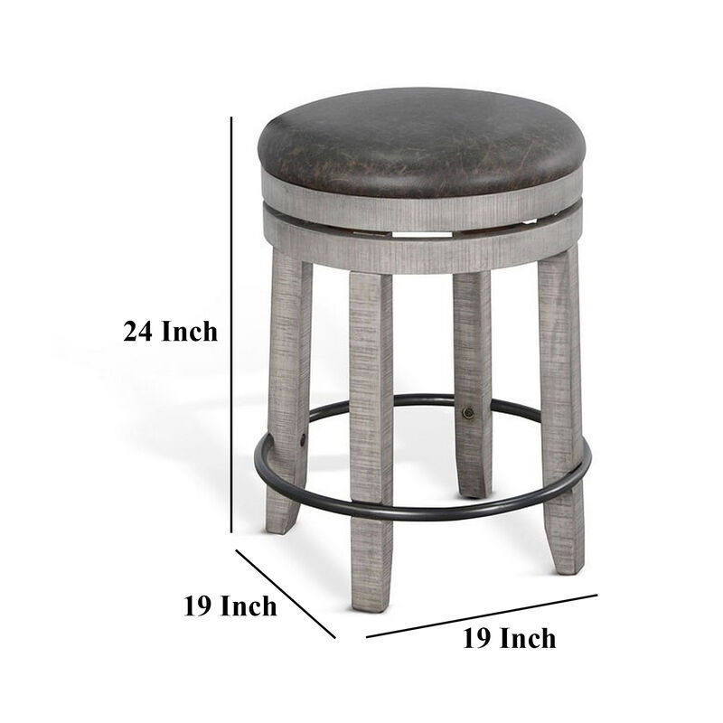 Zeka Swivel Counter Stool Set of 2, Rich Black Faux Leather, Gray - Benzara