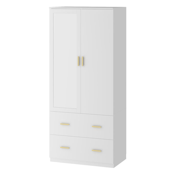 Armoire Wardrobe with Mirror & 2 Drawers, 2-Door Wardrobe with Shelves & Hanging Rod, Gold Metal Handles, for Cloakroom (31.5”W x 18.9”D x 72”H)