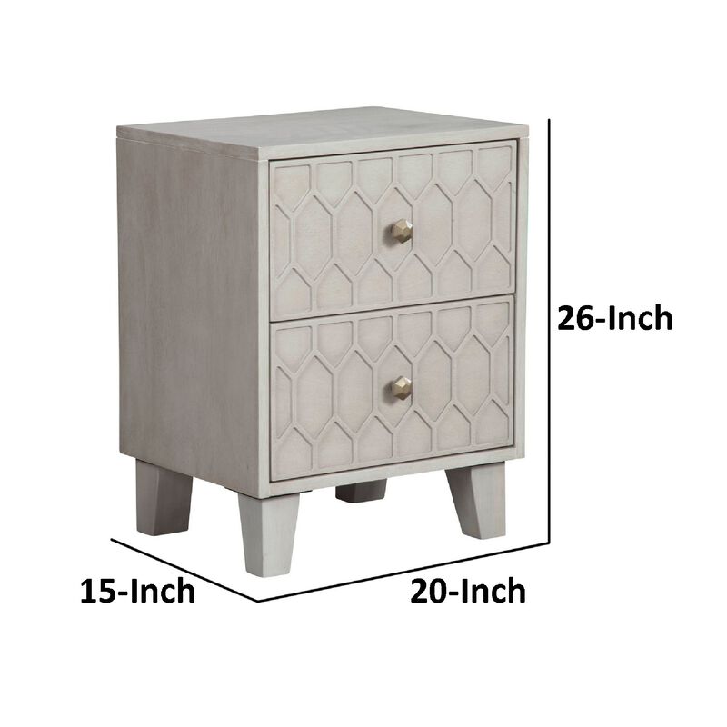 Rue 26 Inch 2 Drawer Nightstand, Textured Honeycomb Design, Light Gray-Benzara