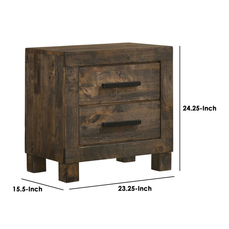 Wooden Nightstand with 2 Drawers and Grain Details, Brown-Benzara