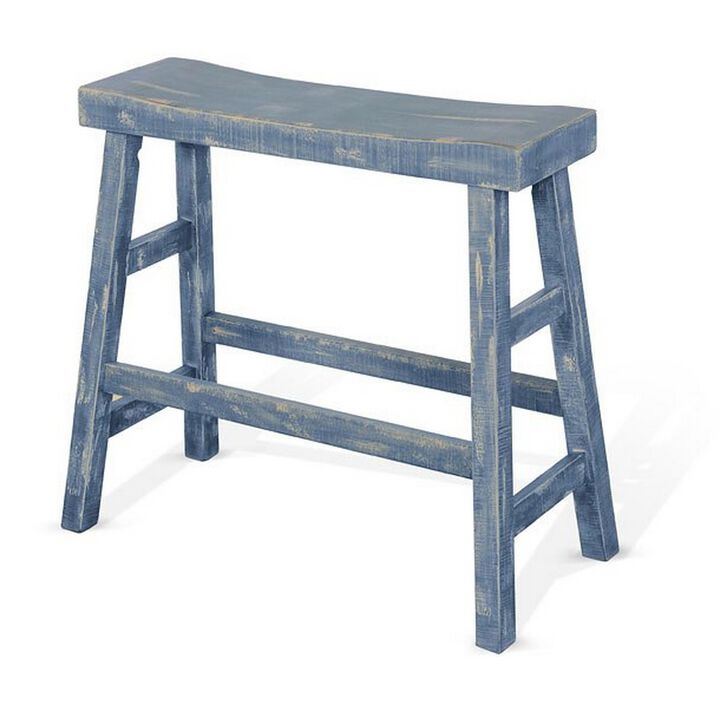 Rena Bar Height Bench, 33 Inch Rustic Ocean Blue Mahogany Wood Frame - Benzara