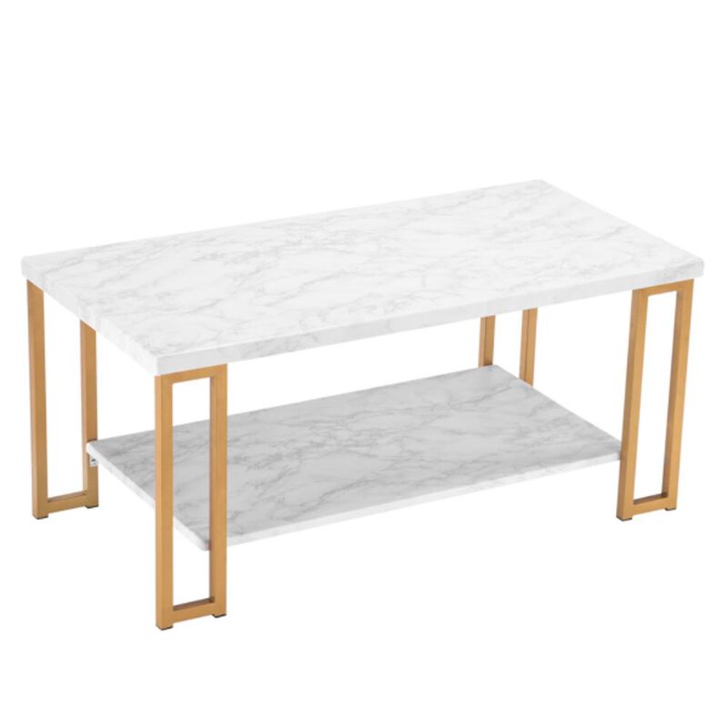 Double-Layer Golden Iron Pipe Marble PVC Coffee Table Rectangular Modern Living Room Table