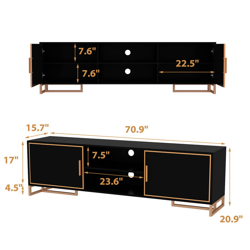 FUFU&GAGA Modern Black TV Stand with Gold Trim, Metal Handles & Base – Entertainment Center for TVs up to 75" (70.9"W x 15.7"D x 20.9"H), Black