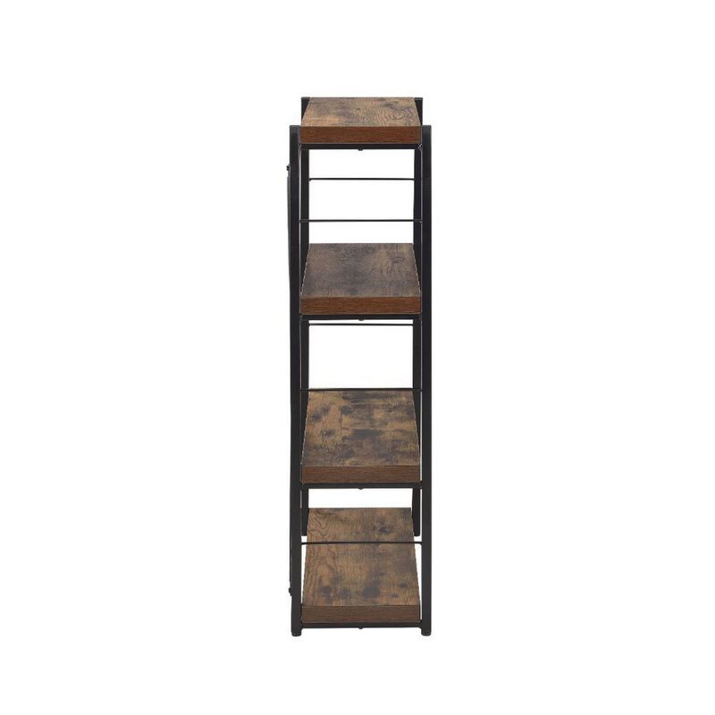4 Tiered Metal Framed Wooden Bookshelf, Weathered Oak Brown and Black-Benzara