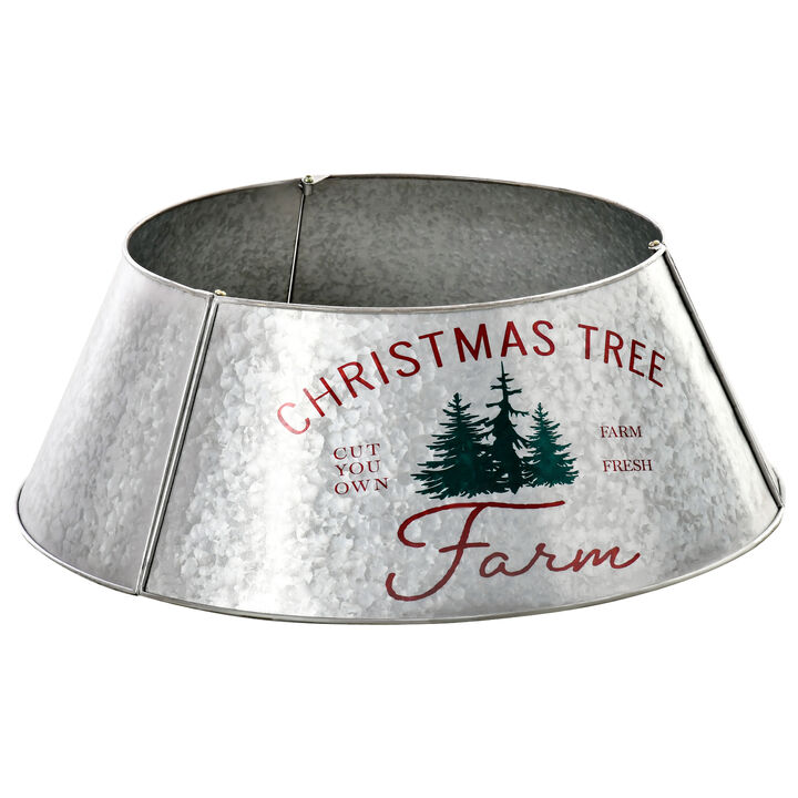 Christmas Tree Collar Steel Tree Ring Skirt Decor w/ Print, 26" Base, Silver