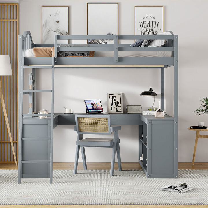 Merax Loft Bed with U-shaped Desk and Tri-fold Mirror