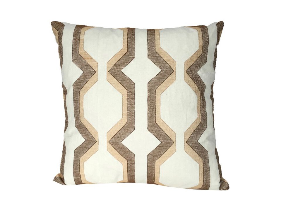 Contemporary Cotton Pillow with Geometric Embroidery, Brown and White- Benzara