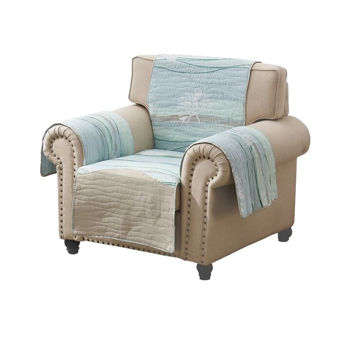 Niha 81 Inch Armchair Cover with Ocean Wave Print and Quilting, Multicolor - Benzara