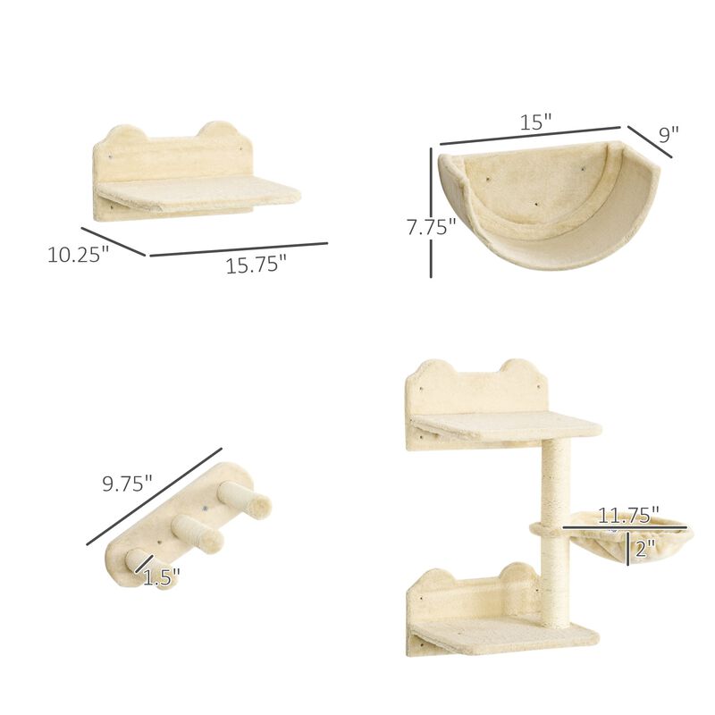 Beige Cat Playground: Wall Shelves with Hammock & Scratching Post