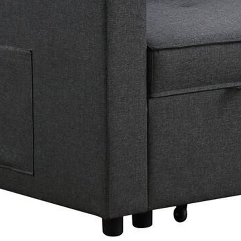 Vito 56 Inch Convertible Sleeper Loveseat with Side Pocket, Dark Gray Linen-Benzara