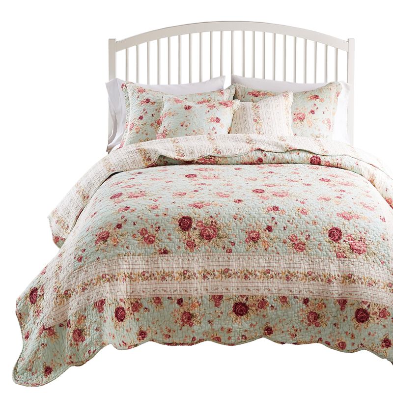Rosle 5pc Full/Queen Quilt Set, Shams, Patchwork Floral Print, Blue Cotton