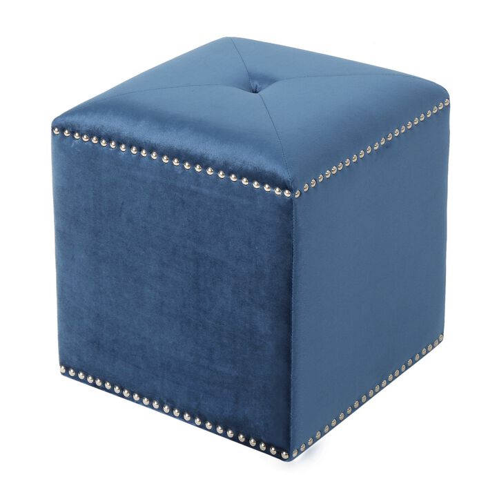 Neli Ottoman, Blue Velvet, Single Tuft on Top, Nailhead Trim, 17 Inch - Benzara