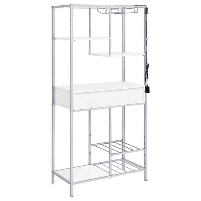 Roa 67 Inch Wine Bar Storage with 5 Shelves, 1 Drawer, White, Chrome Metal - Benzara
