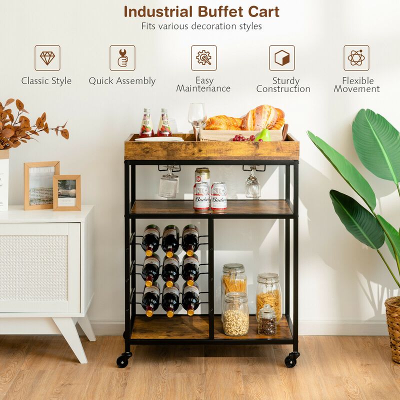 3-Tier Wood Rolling Kitchen Serving Cart with 9-Bottle Wine Rack for Stylish and Functional Storage