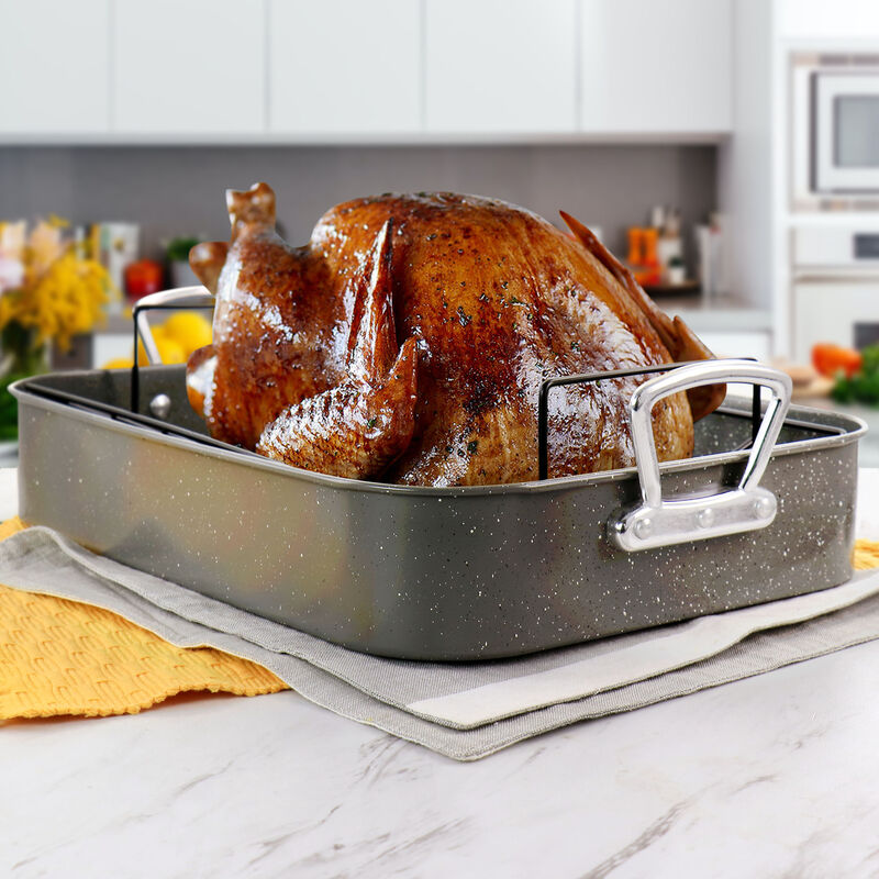 Gibson Greystone 2 Piece Carbon Steel 16.25in. Turkey Roaster Set in Speckled Grey