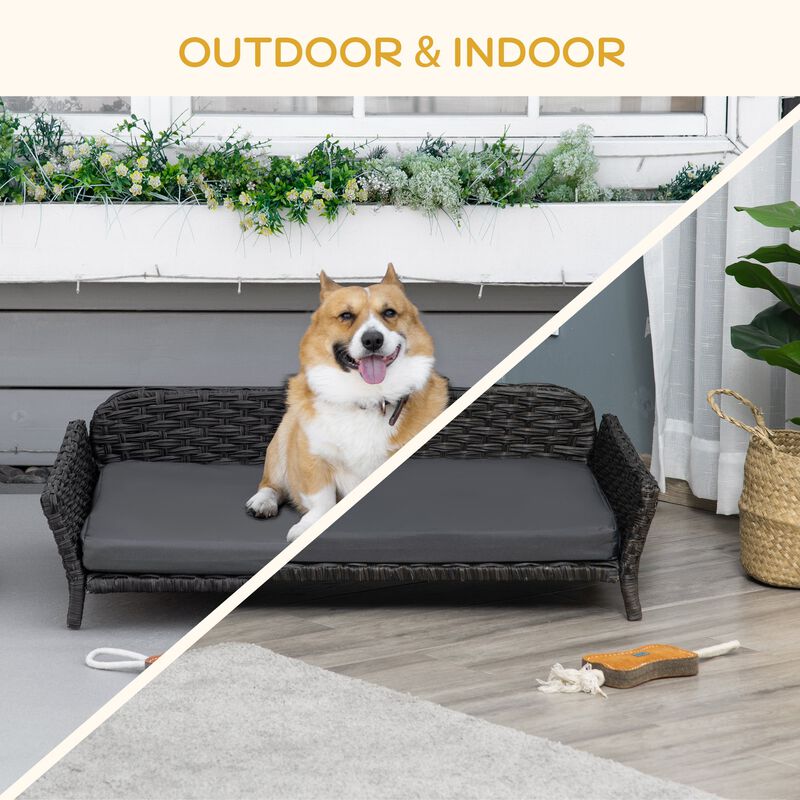 Charcoal Pet Lounger: Woven Rattan Dog Bed with Plush Cushion