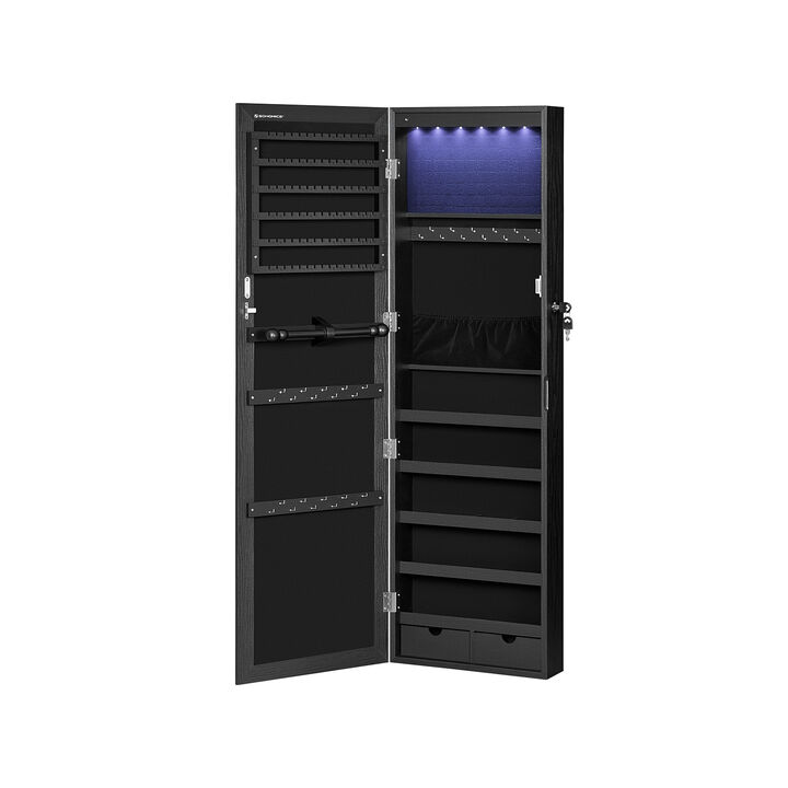 Mirror Jewelry Armoire with 6 LEDs - 47.2" Lockable Wall/Door Mounted Cabinet with 2 Drawers
