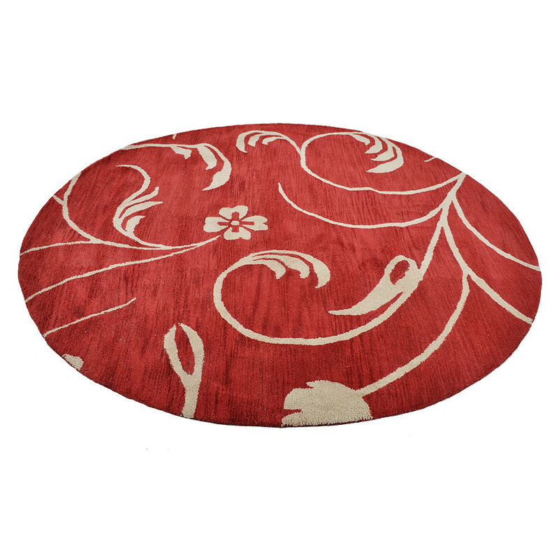 RUGSOTIC CARPETS HAND TUFTED WOOL ECO-FRIENDLY AREA RUGS  - 8'x8', Round Shape, Red & Beige, Floral Modern Design, High Pile Thick Handmade Anti Skid Area Rugs for Living Room, Bed Room (K00733)