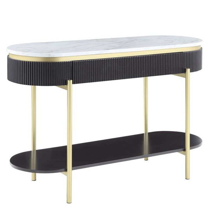 Ville 48 Inch Oblong Sofa Console Table, White Faux Marble Top, Reeded Edge-Benzara